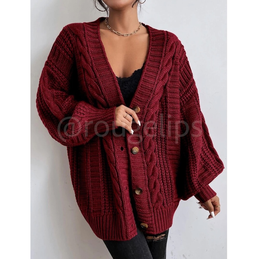 Oversized Burgundy Cable Knit Cardigan Long Sleeves Hip Length Buttoned - Picture 6 of 11